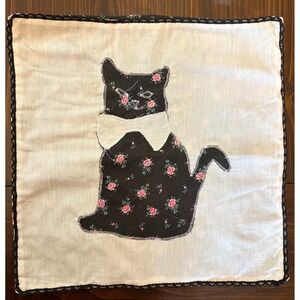 Vintage Quilted Cat Throw Pillow Cover W/ Lace Trim Fits 15" Square